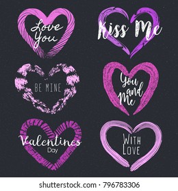 Set of 6 textured shapes of heart. Happy Valentine's Day. Creative frames. Grunge. Holiday in February. Love. Valentine card, postcard, banner, poster, print on clothes. Vector illustration, eps10