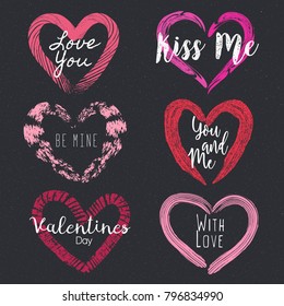 Set of 6 textured shapes of heart. Happy Valentine's Day. Creative frames. Grunge. Holiday in February. Love. Valentine card, postcard, banner, poster, print on clothes. Vector illustration, eps10
