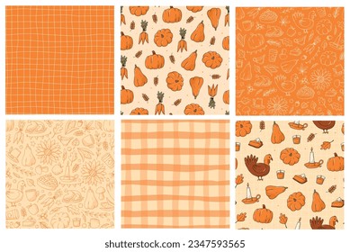 set of 6 Thanksgiving seamless patterns with doodles for autumn textile prints, wallpaper, scrapbooking, stationary, wrapping paper, packaging, nursery apparel, etc. EPS 10