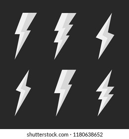 Set of 6 thunderbolts icons. Lightning icons isolated on black background. Vector illustration