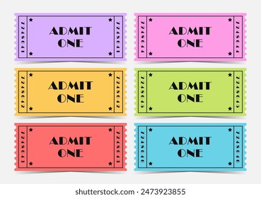 Un conjunto de 6 entradas de diferentes colores y números. Entradas Antiguas al cine, circo, carnaval, teatro. Cupón, lotería.	