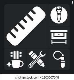 Set of 6 tool filled icons such as paint brush, tools, tooth brush, ruler, filter