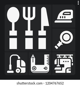 Set of 6 tool filled icons such as design tool, vacuum cleaner, ironing, cutlery, sewing machine