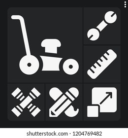 Set of 6 tool filled icons such as lawn mower, graphic design, ruler, tools, cross wrench