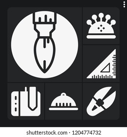 Set of 6 tool filled icons such as helmet, set square, paint brush, drawing tablet, pin cushion