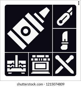 Set of 6 tool filled icons such as cutter, knife, car battery, sewing box, glue