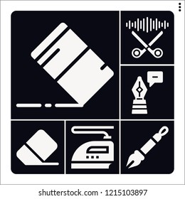 Set of 6 tool filled icons such as scissors, eraser, pen
