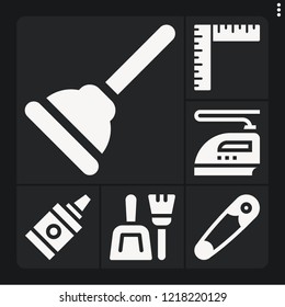 Set of 6 tool filled icons such as ruler, plunger, dustpan, safety pin, iron