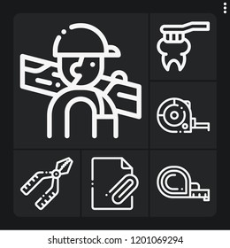 Set of 6 tool outline icons such as carpenter, ruler, attached file, pliers, toothbrush