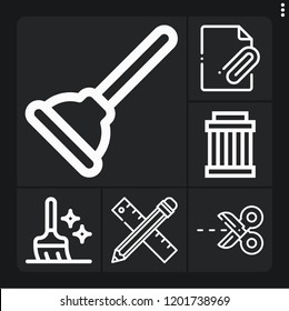 Set of 6 tool outline icons such as attached file, plunger, sweep, scissors, pulley