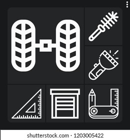 Set of 6 tool outline icons such as flashlight, set square, design tool, wheel alignment, toilet brush