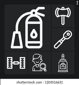Set of 6 tool outline icons such as ax, glue, wrench, chassis, fire extinguisher
