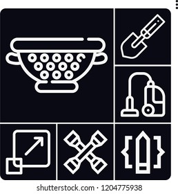 Set of 6 tool outline icons such as vacuum cleaner, shovel, graphic design, cross wrench, strainer