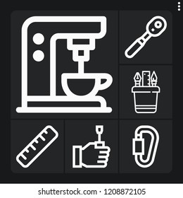 Set of 6 tool outline icons such as pencil case, tool, ruler, wrench, coffee machine