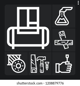 Set of 6 tool outline icons such as saw, tool, air compressor, flask