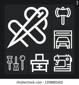 Set of 6 tool outline icons such as ax, push pin, garage, sewing, dresser
