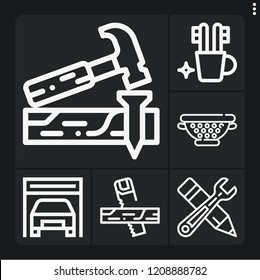 Set of 6 tool outline icons such as saw, carpenter, tools, tooth brush, garage