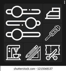 Set of 6 tool outline icons such as slider tool, ruler and pencil, thermometer, scissors, coffee machine
