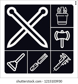 Set of 6 tool outline icons such as ax, caliper, chisel, plunger, pencil case