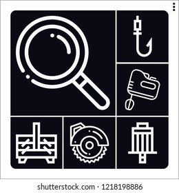 Set of 6 tool outline icons such as search, circular saw, filter, sewing box, fishing rod