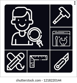 Set of 6 tool outline icons such as ruler, tools, cutter, hammer, maintenance