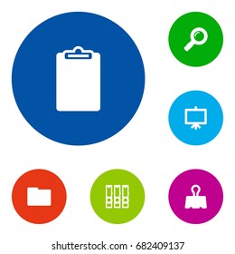 Set Of 6 Tools Icons Set.Collection Of Binder, Zoom Glasses, Whiteboard And Other Elements.