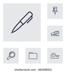 Set Of 6 Tools Outline Icons Set.Collection Of Sticky, Zoom Glasses, Pen And Other Elements.