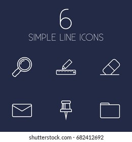 Set Of 6 Tools Outline Icons Set.Collection Of Zoom Glasses, Eraser, Pencil And Other Elements.