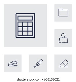 Set Of 6 Tools Outline Icons Set.Collection Of Binder Clip, Portfolio, Eraser And Other Elements.