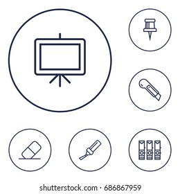 Set Of 6 Tools Outline Icons Set.Collection Of File Folder, Pushpin, Marker And Other Elements.