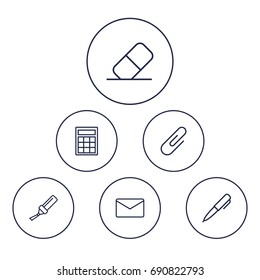 Set Of 6 Tools Outline Icons Set.Collection Of Pen, Calculator, Eraser And Other Elements.