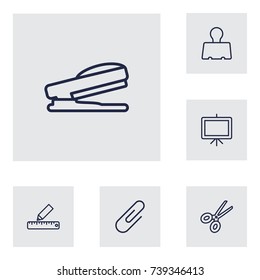 Set Of 6 Tools Outline Icons Set.Collection Of Paper Clamp, Whiteboard, Scissors And Other Elements.