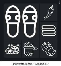 Set of 6 top outline icons such as wood, pepper, cookies, towel, casserole