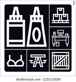 Set of 6 top outline icons such as desk, box, sauce, brassiere