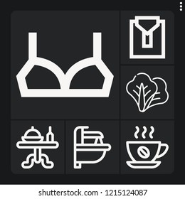 Set of 6 top outline icons such as sink, coffee, brassiere, dinner table, lettuce