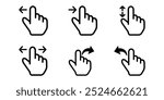 Set of 6 touchscreen gesture icons, tap and swipe actions.These include tapping, double-tapping, swiping left, swiping right, swiping up, and rotating clockwise.