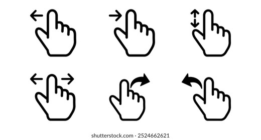 Set of 6 touchscreen gesture icons, tap and swipe actions.These include tapping, double-tapping, swiping left, swiping right, swiping up, and rotating clockwise.