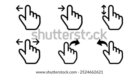 Set of 6 touchscreen gesture icons, tap and swipe actions.These include tapping, double-tapping, swiping left, swiping right, swiping up, and rotating clockwise.