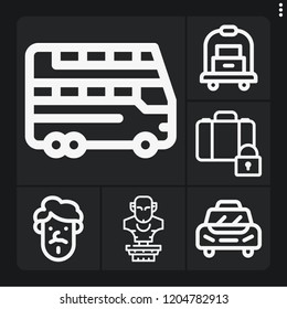 Set of 6 tourism outline icons such as double decker, taxi, statue, luggage, becquer