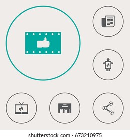 Set Of 6 Trade Icons Set.Collection Of Man With Banner, Share, Ads And Other Elements.