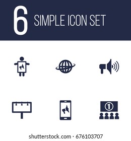 Set Of 6 Trade Icons Set.Collection Of Application, World, Placard And Other Elements.