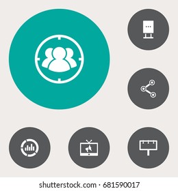 Set Of 6 Trade Icons Set.Collection Of Group, Billboard, Ads And Other Elements.