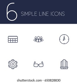 Set Of 6 Trade Outline Icons Set.Collection Of Team, Calendar, Business Center And Other Elements.