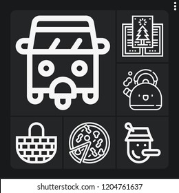 Set of 6 traditional outline icons such as christmas card, pizza, rickshaw, basket, pinocchio