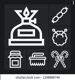 Set of 6 traditional outline icons such as candy cane, brush, sausage, jam, knitting