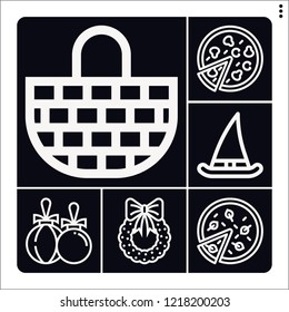 Set of 6 traditional outline icons such as christmas ball, christmas wreath, pizza, witch hat