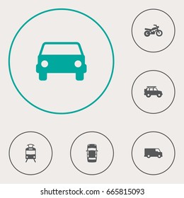 Set Of 6 Traffic Icons Set.Collection Of Hatchback, Motorbike, Streetcar And Other Elements.
