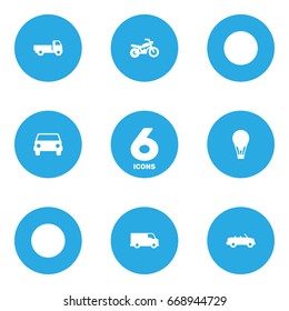 Set Of 6 Traffic Icons Set.Collection Of Coupe, Car, Caravan And Other Elements.