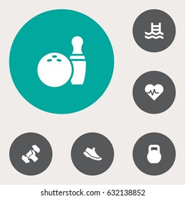 Set Of 6 Training Icons Set.Collection Of Basin, Kegling, Sneakers And Other Elements.