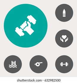 Set Of 6 Training Icons Set.Collection Of Barbell, Drink, Bodybuilding And Other Elements.